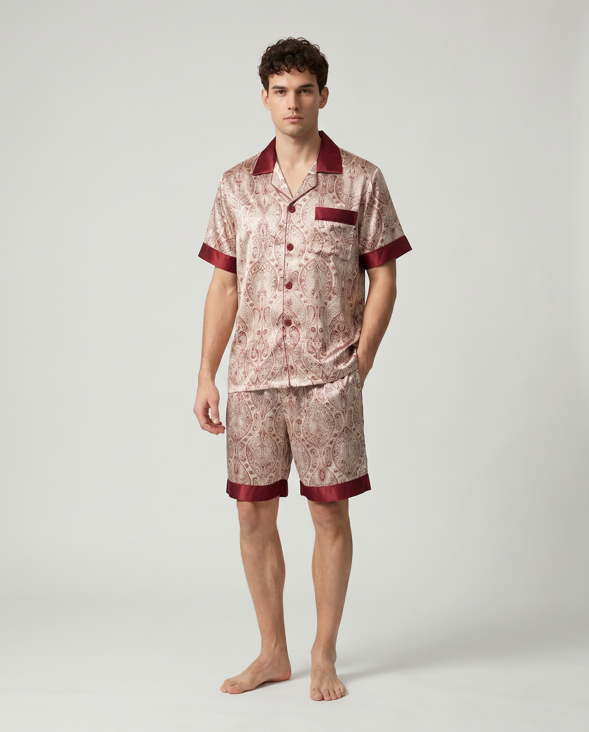 Men’s Silk-Like Pajama Set – Luxurious Paisley Pattern Sleepwear