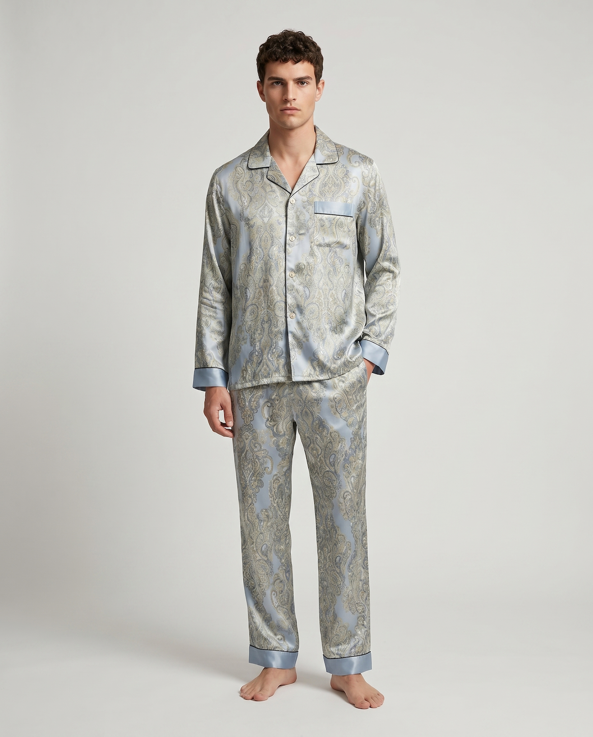 Men’s Silk-Like Pajama Set – Luxurious Paisley Pattern Sleepwear