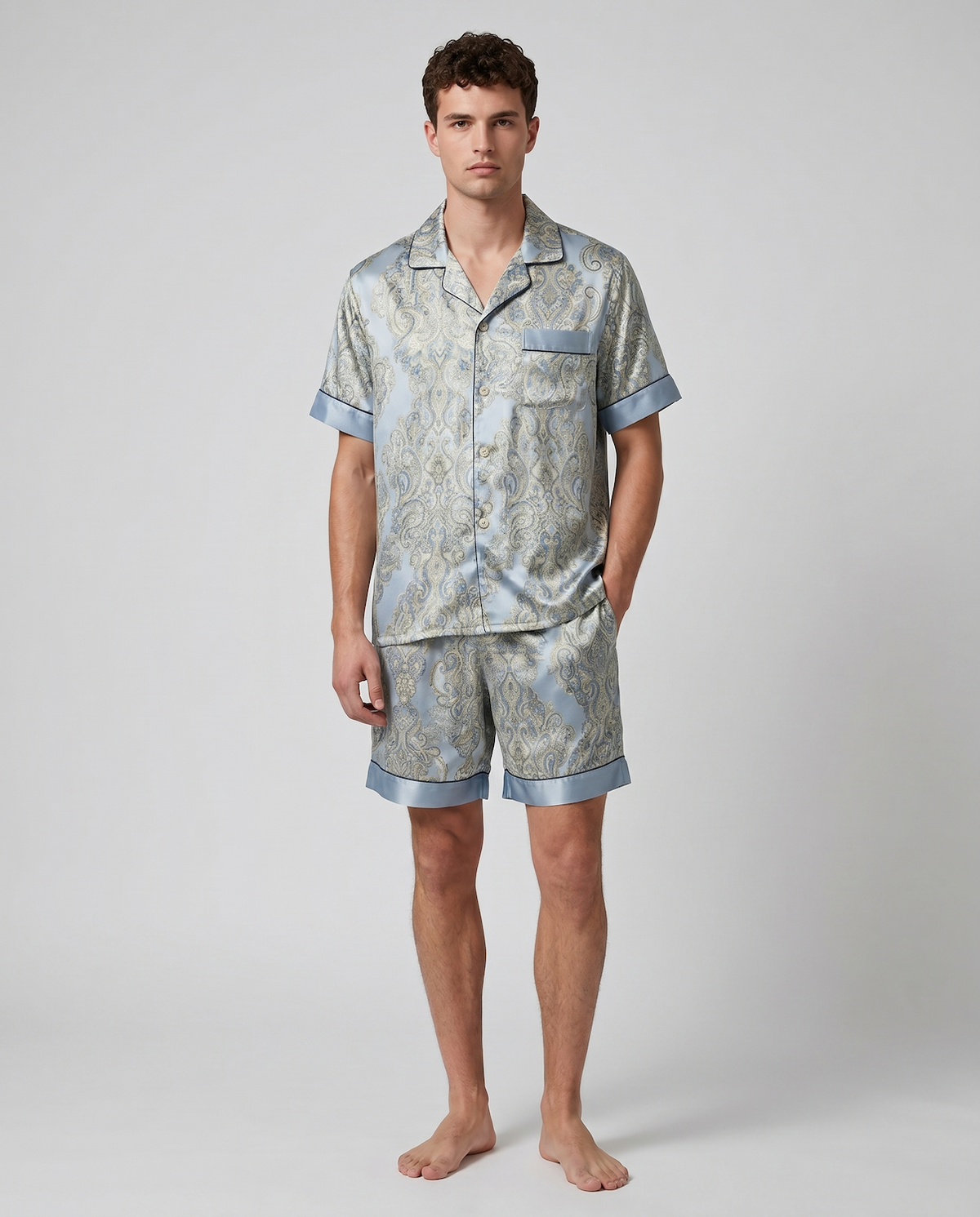 Men’s Silk-Like Pajama Set – Luxurious Paisley Pattern Sleepwear