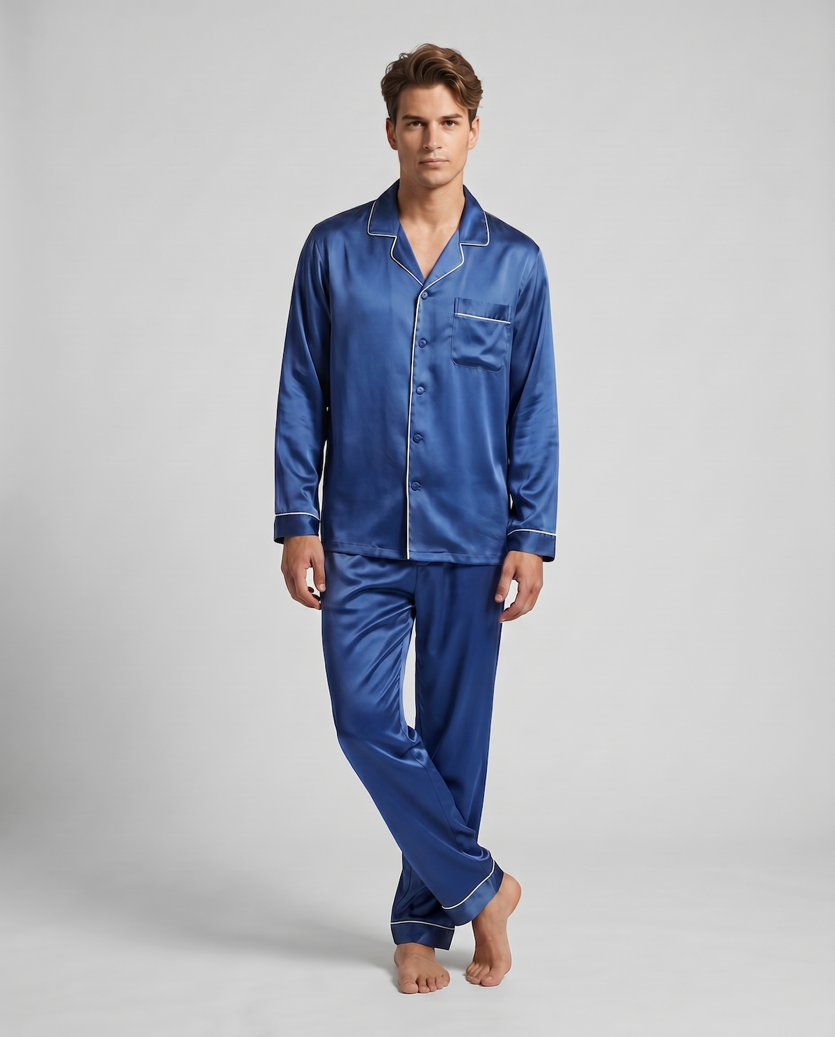Men’s Silk-Look Pajama Set – Lightweight Long Sleeve Lounge & Sleepwear for Home Comfort