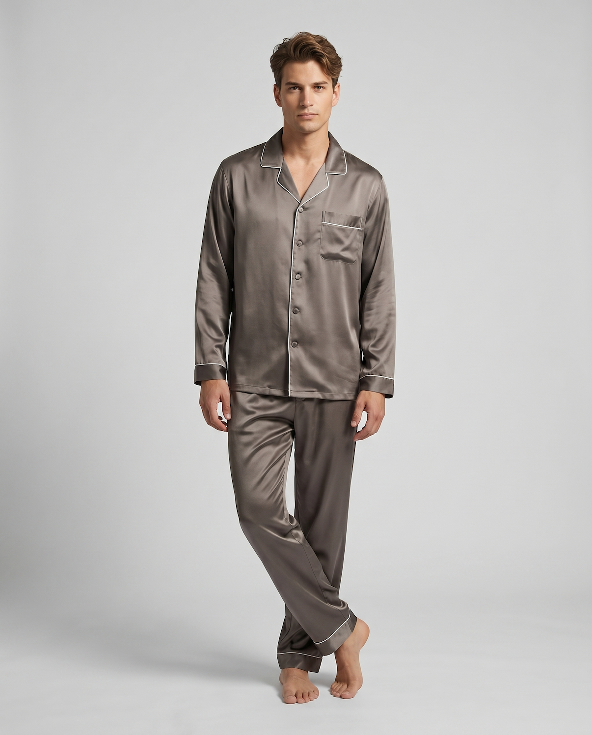 Men’s Silk-Look Pajama Set – Lightweight Long Sleeve Lounge & Sleepwear for Home Comfort