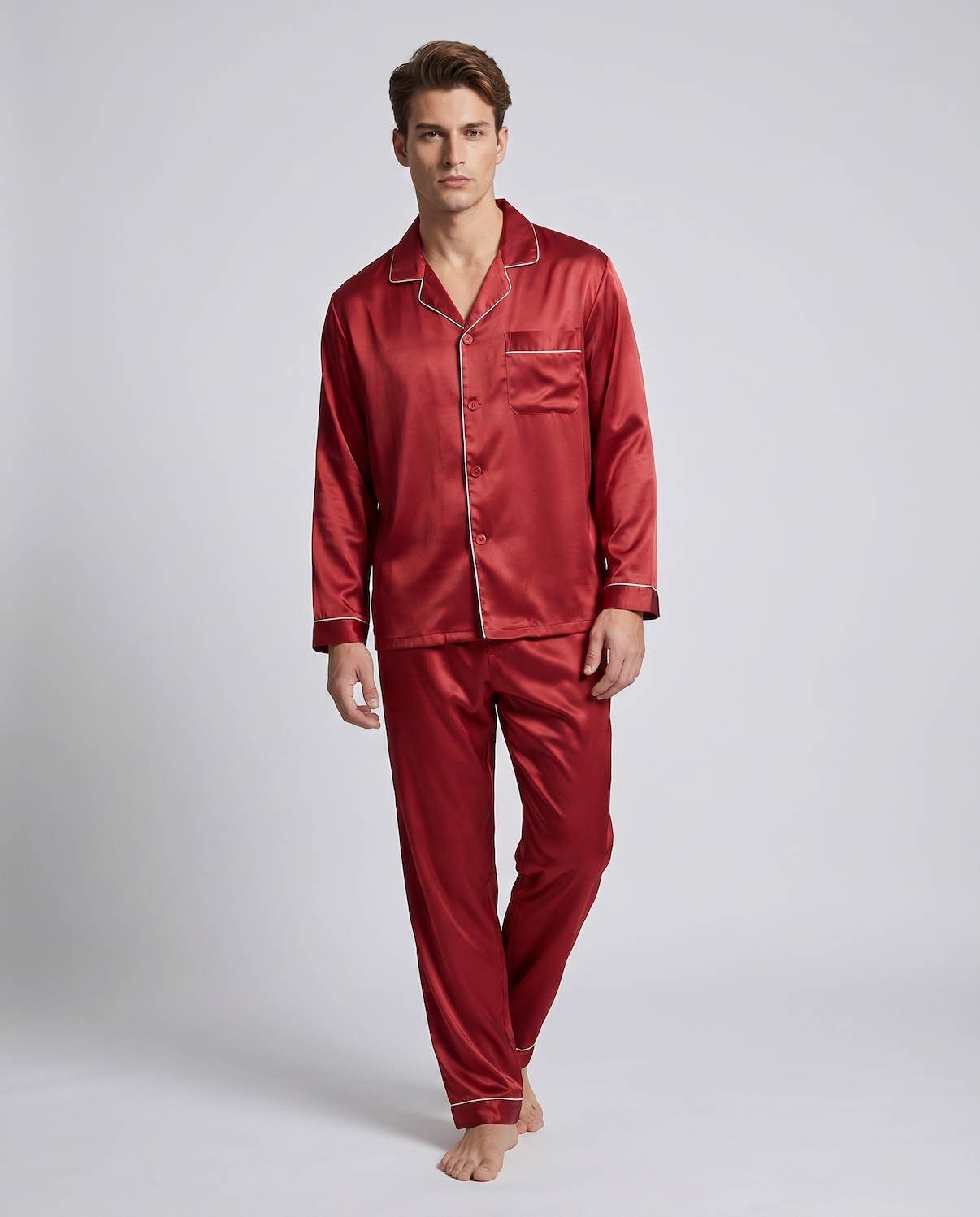 Men’s Silk-Look Pajama Set – Lightweight Long Sleeve Lounge & Sleepwear for Home Comfort