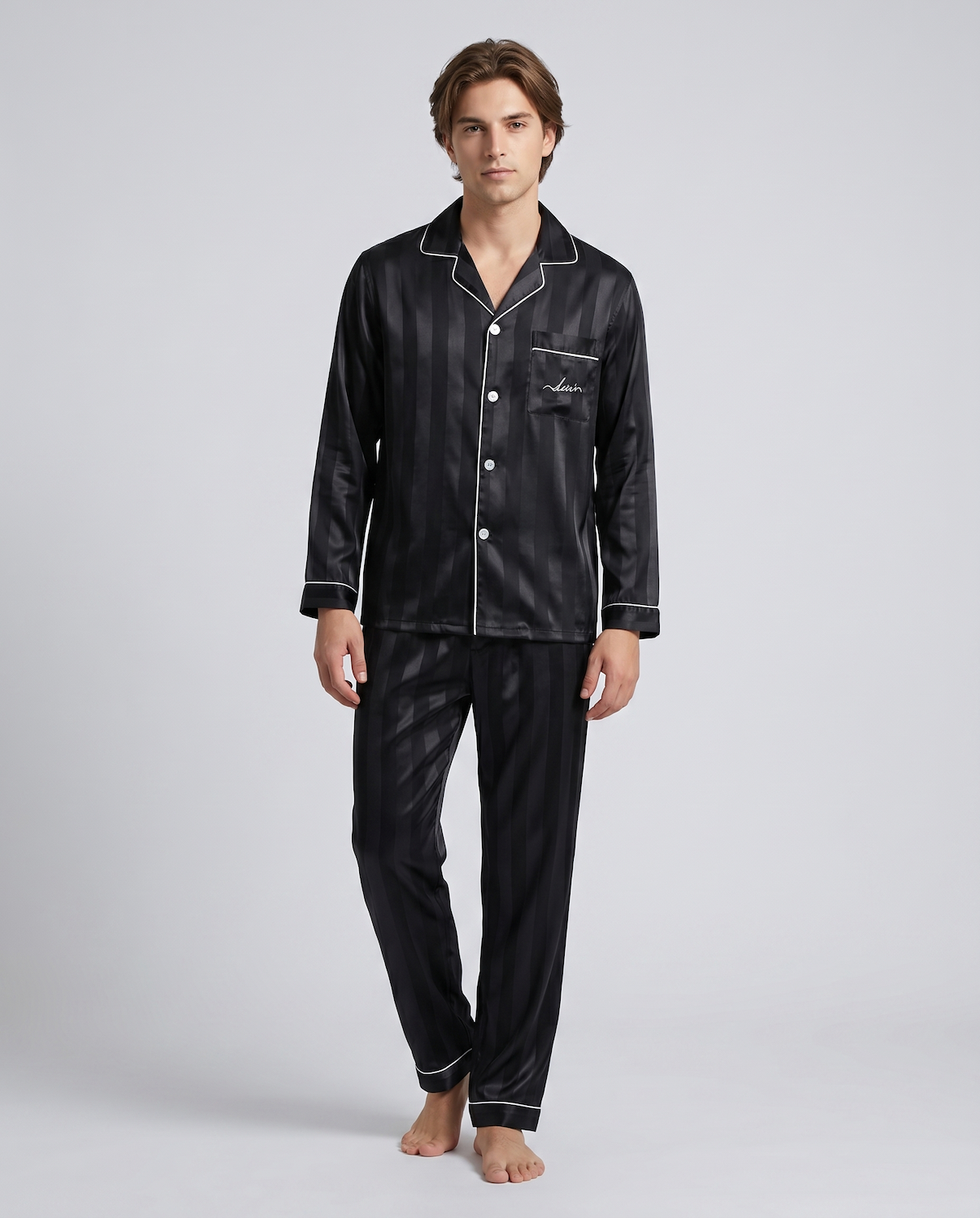 Men’s Silk Satin Pajama Set – Breathable, Lightweight Sleepwear with Long Sleeves & Pants