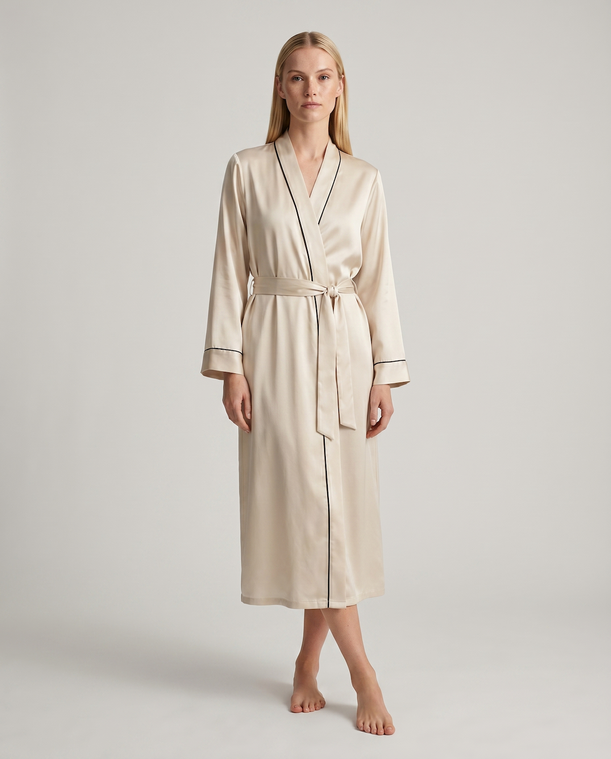 Silk Robe – Long Sleeve V-Neck Belted Silk Robe for Women