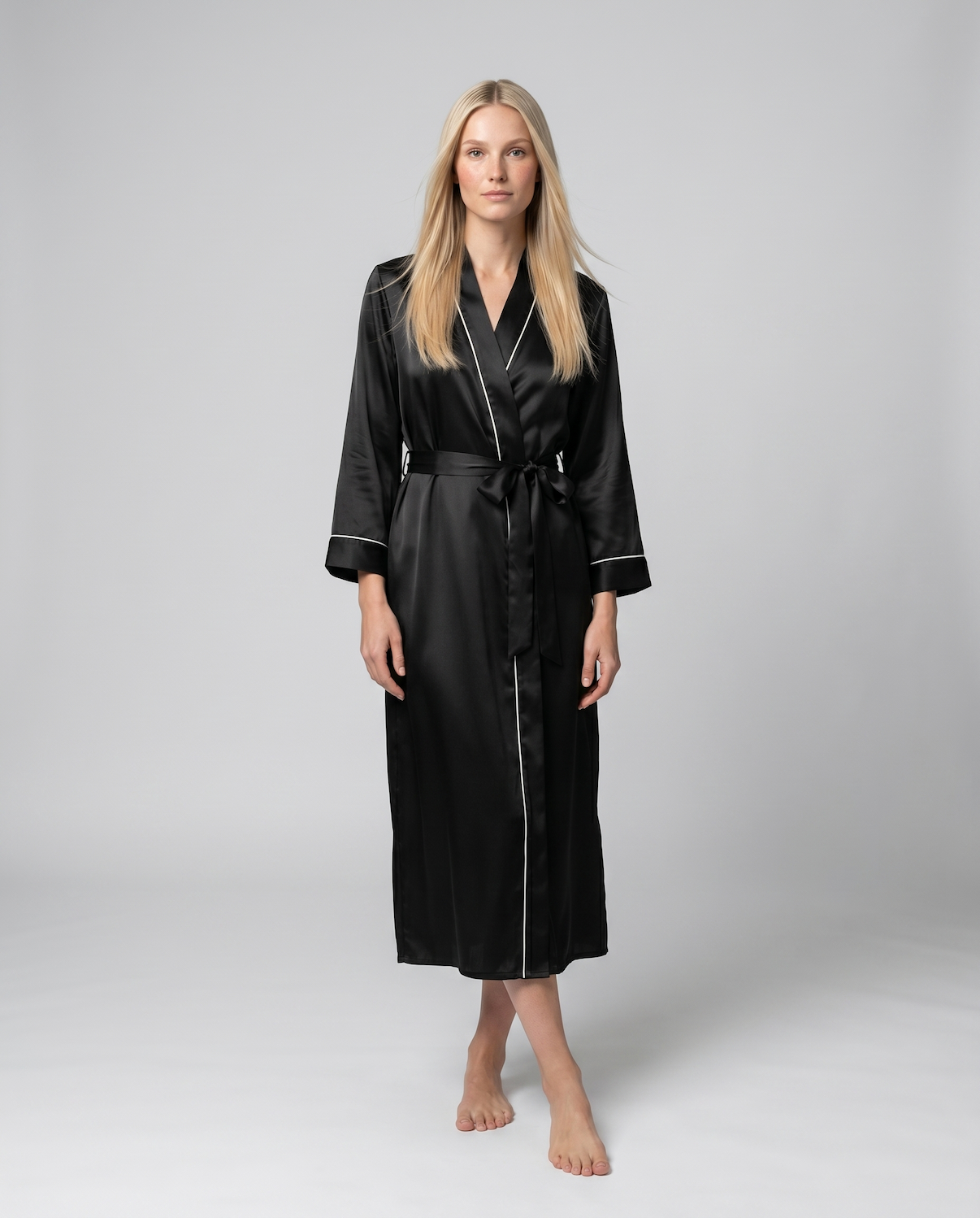 Silk Robe – Long Sleeve V-Neck Belted Silk Robe for Women