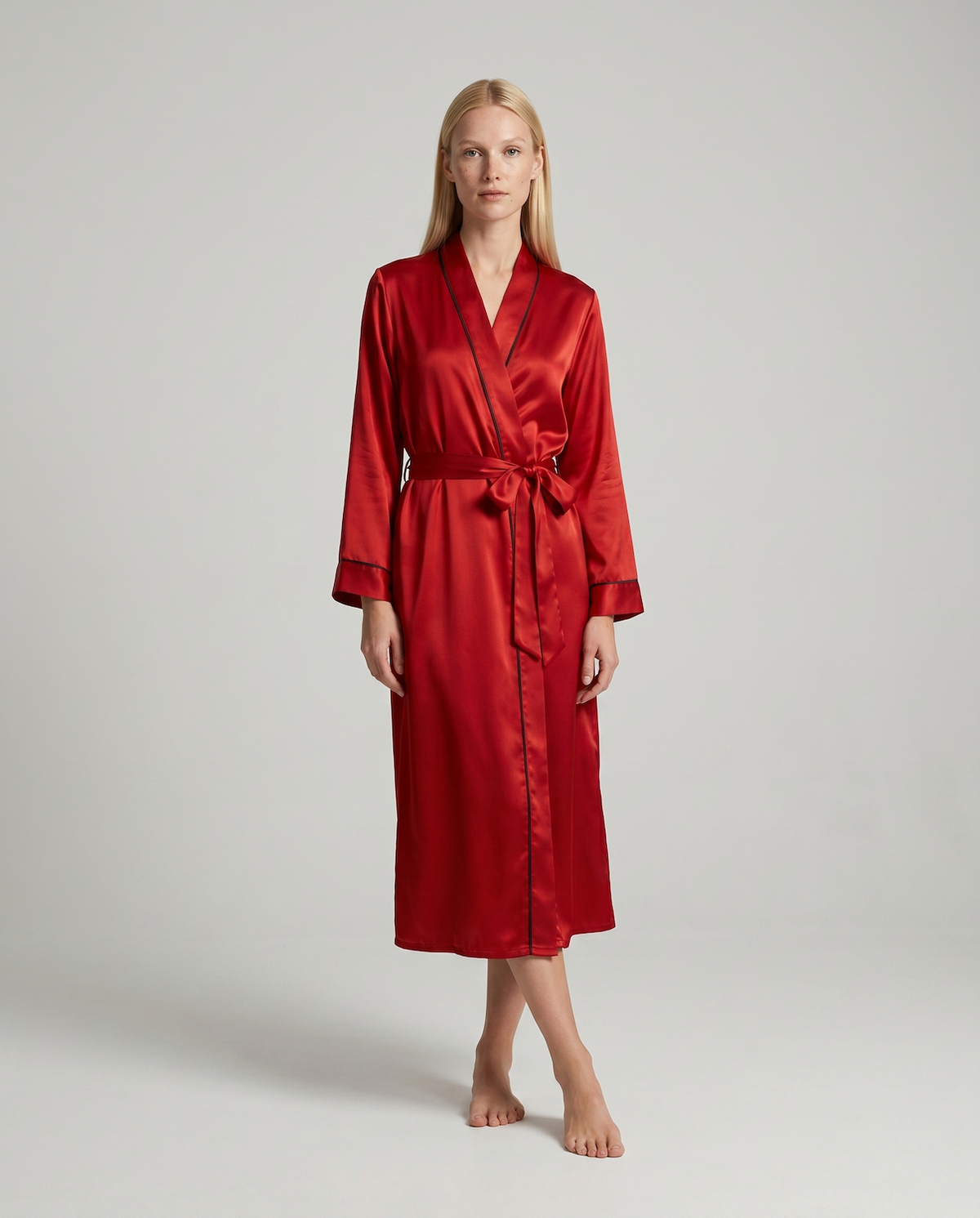 Silk Robe – Long Sleeve V-Neck Belted Silk Robe for Women