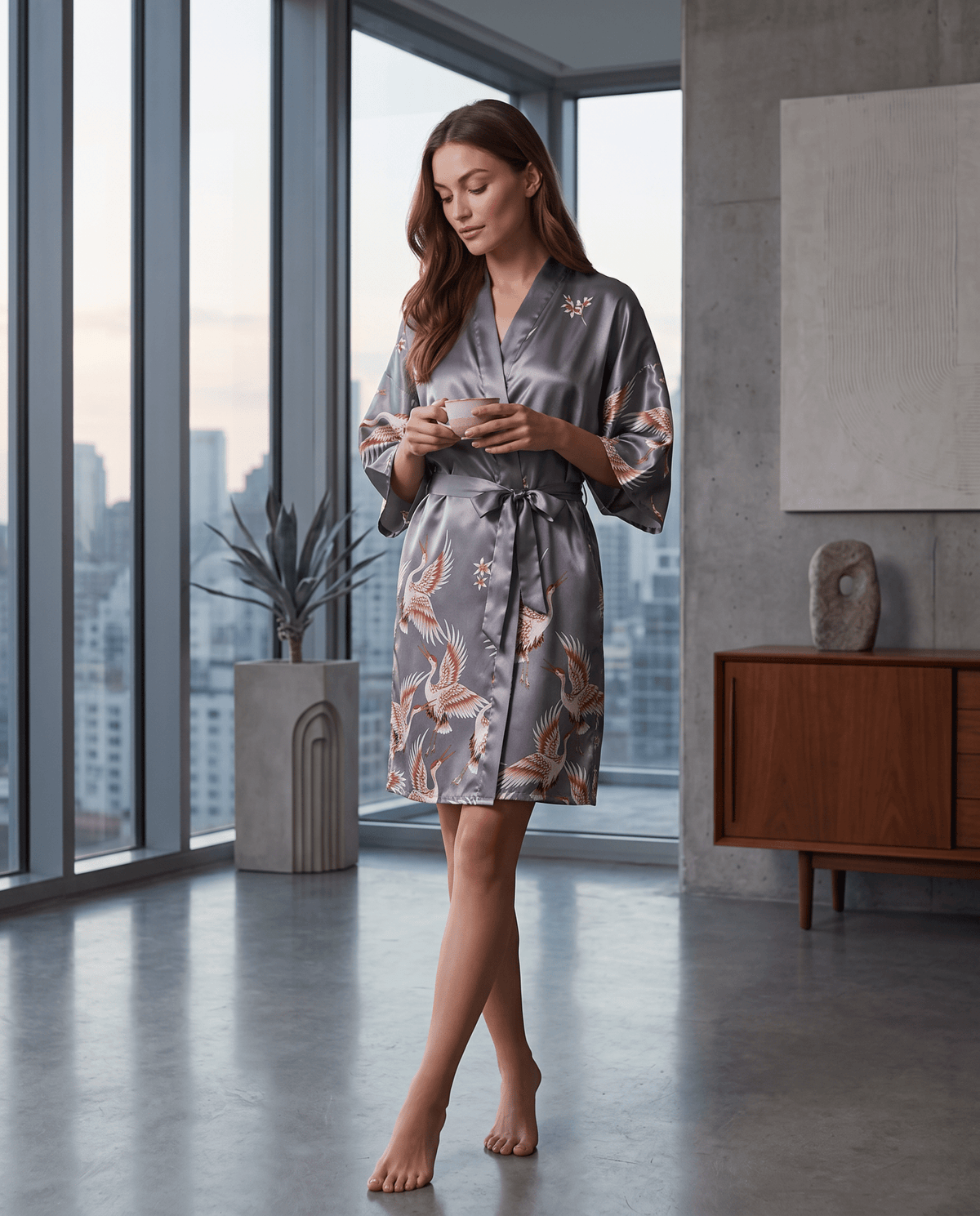 Silk Satin Floral Robe for Women – Short Kimono Wedding Bride and Bridesmaid Dressing Gown