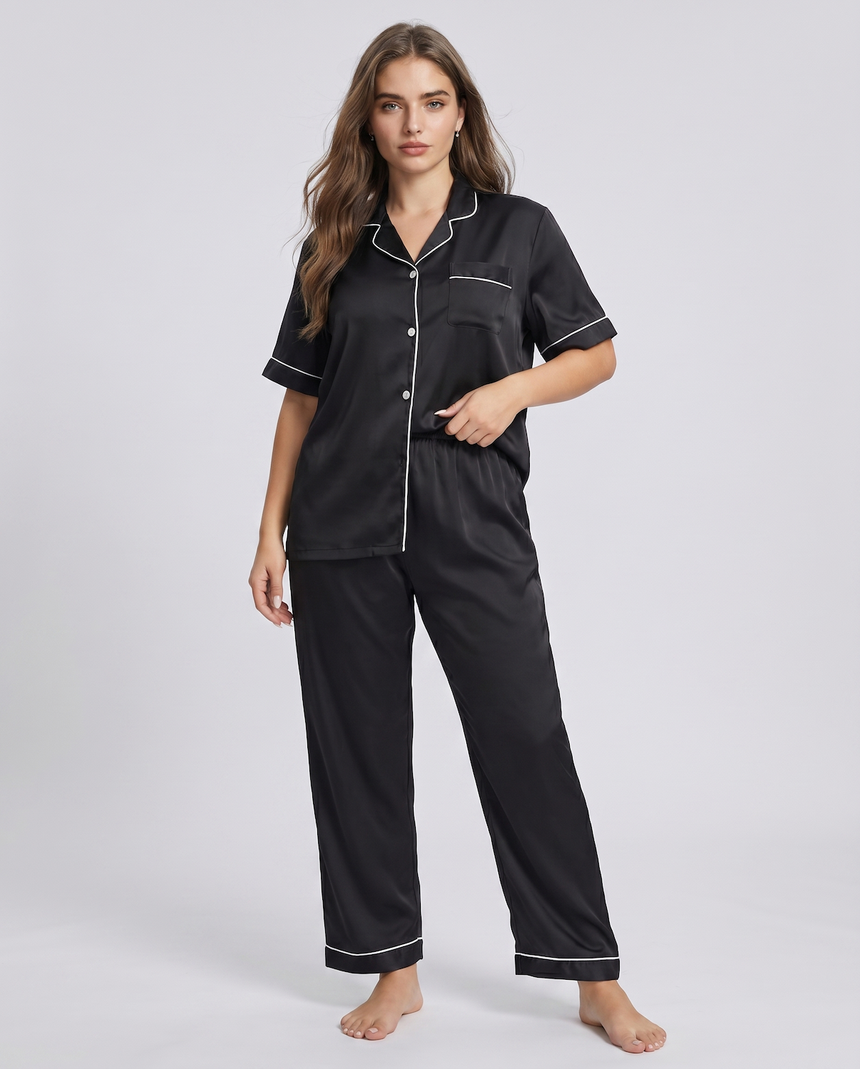 Silk Sleepwear Set for Plus Size Women – Fashionable Silk Tops and Long Pants Homewear