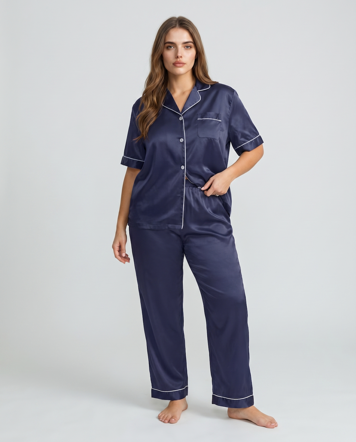 Silk Sleepwear Set for Plus Size Women – Fashionable Silk Tops and Long Pants Homewear