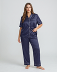Silk Sleepwear Set for Plus Size Women – Fashionable Silk Tops and Long Pants Homewear