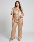Silk Sleepwear Set for Plus Size Women – Fashionable Silk Tops and Long Pants Homewear