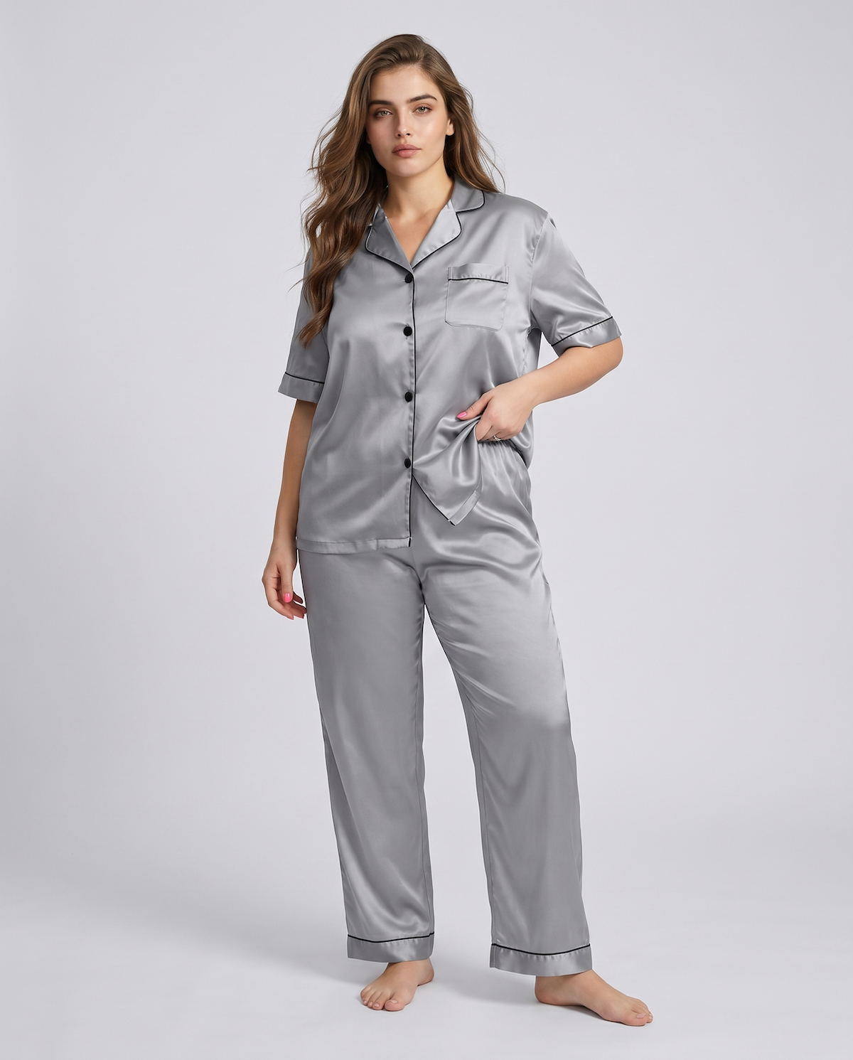 Silk Sleepwear Set for Plus Size Women – Fashionable Silk Tops and Long Pants Homewear