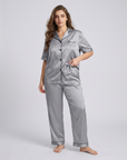 Silk Sleepwear Set for Plus Size Women – Fashionable Silk Tops and Long Pants Homewear