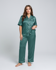 Silk Sleepwear Set for Plus Size Women – Fashionable Silk Tops and Long Pants Homewear