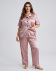 Silk Sleepwear Set for Plus Size Women – Fashionable Silk Tops and Long Pants Homewear