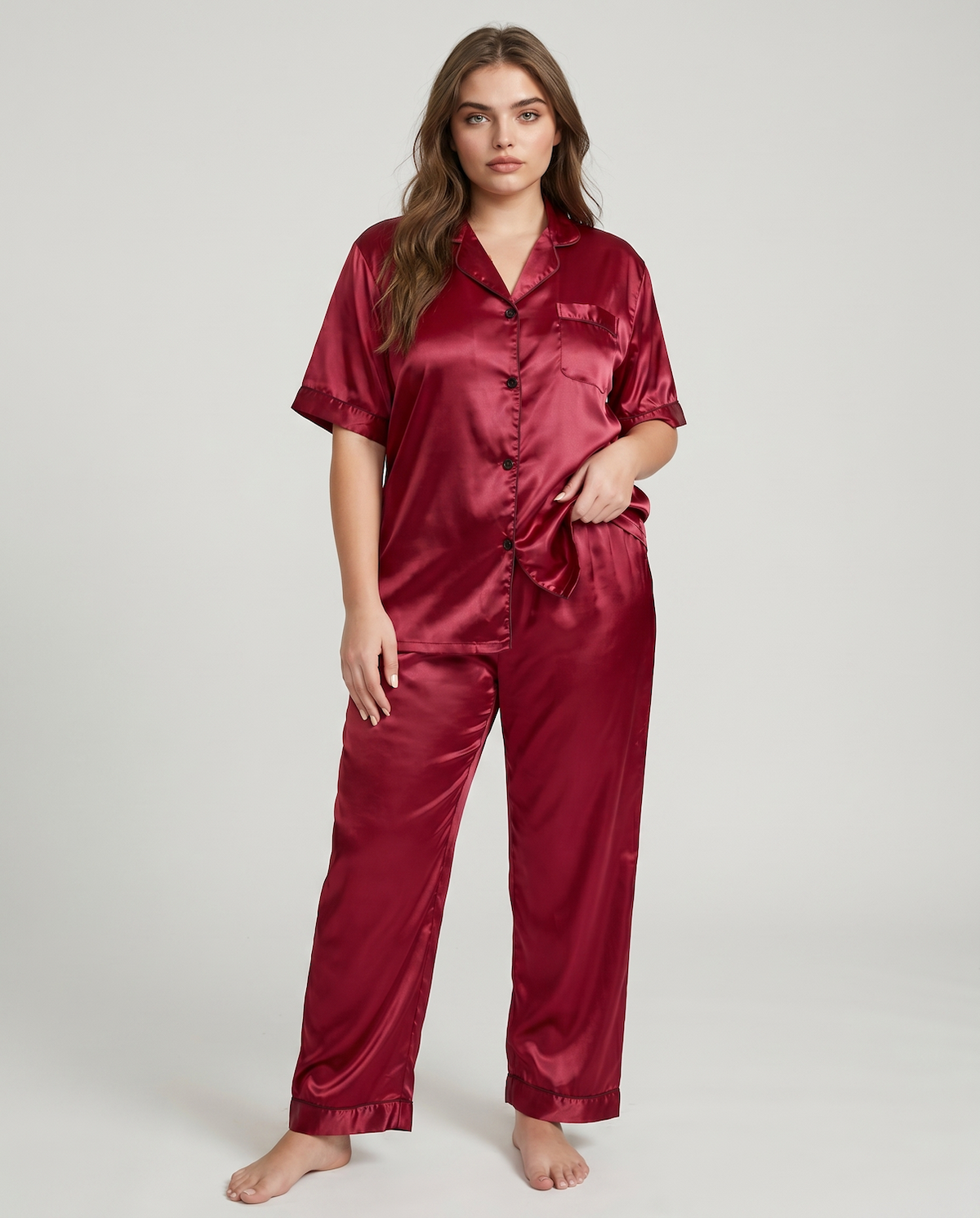 Silk Sleepwear Set for Plus Size Women – Fashionable Silk Tops and Long Pants Homewear