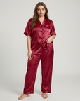 Silk Sleepwear Set for Plus Size Women – Fashionable Silk Tops and Long Pants Homewear