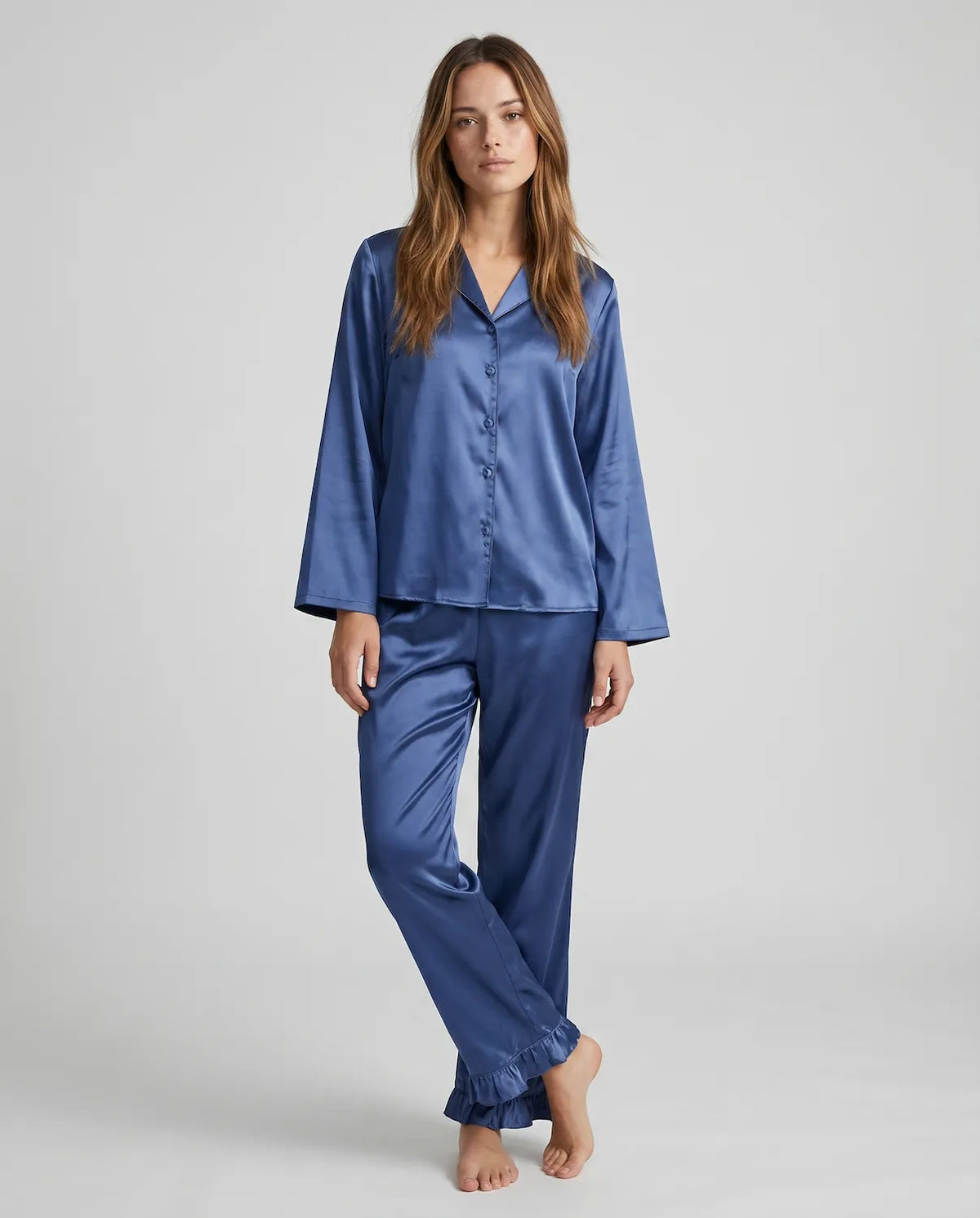 Soft Satin Pajamas Set for Women – 2-Piece Long Sleeve Sleepwear &amp; Elegant Button Loungewear