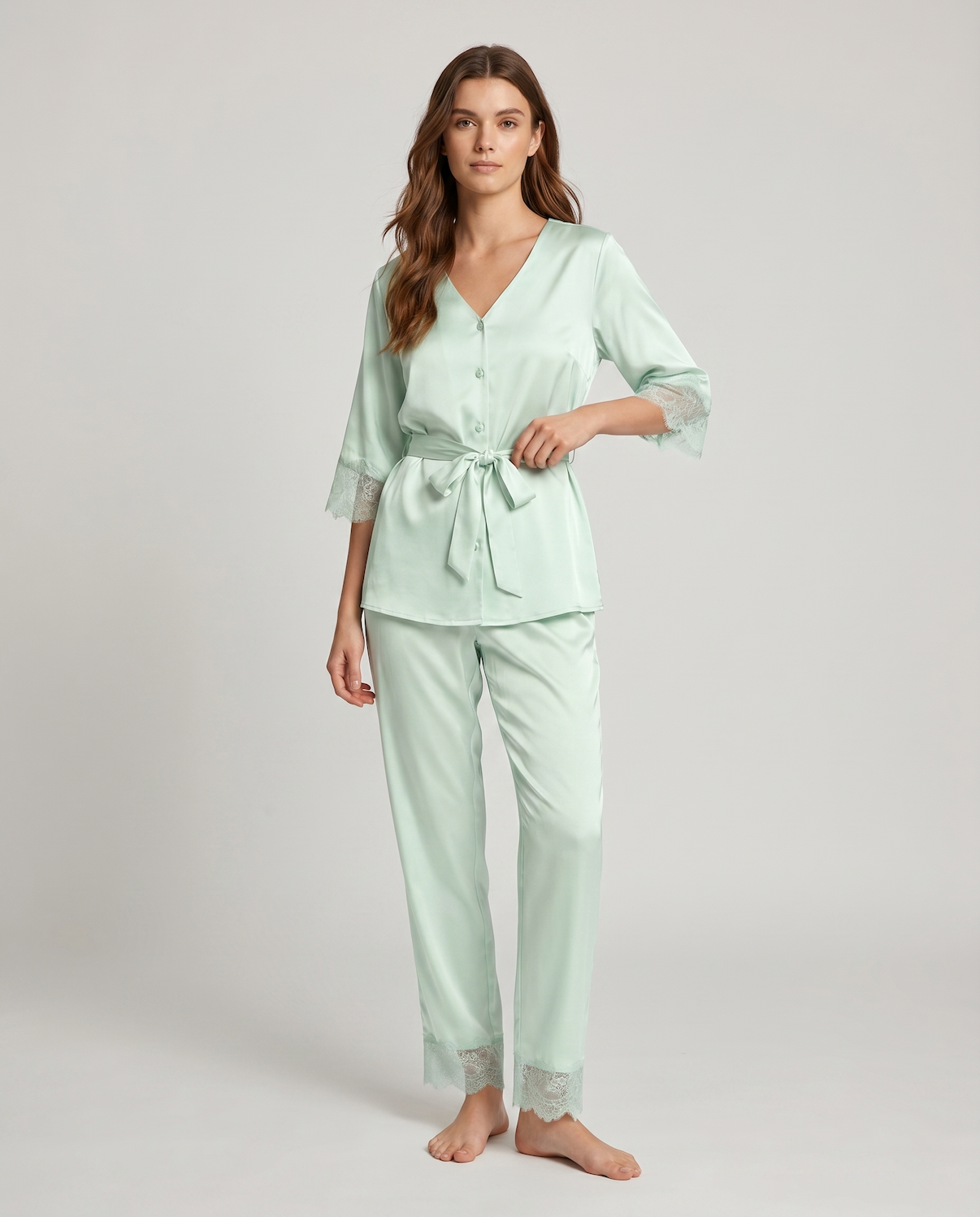 Women’s 100% Mulberry Silk Pajama Set – Lace Trim Long Sleeve with Belt