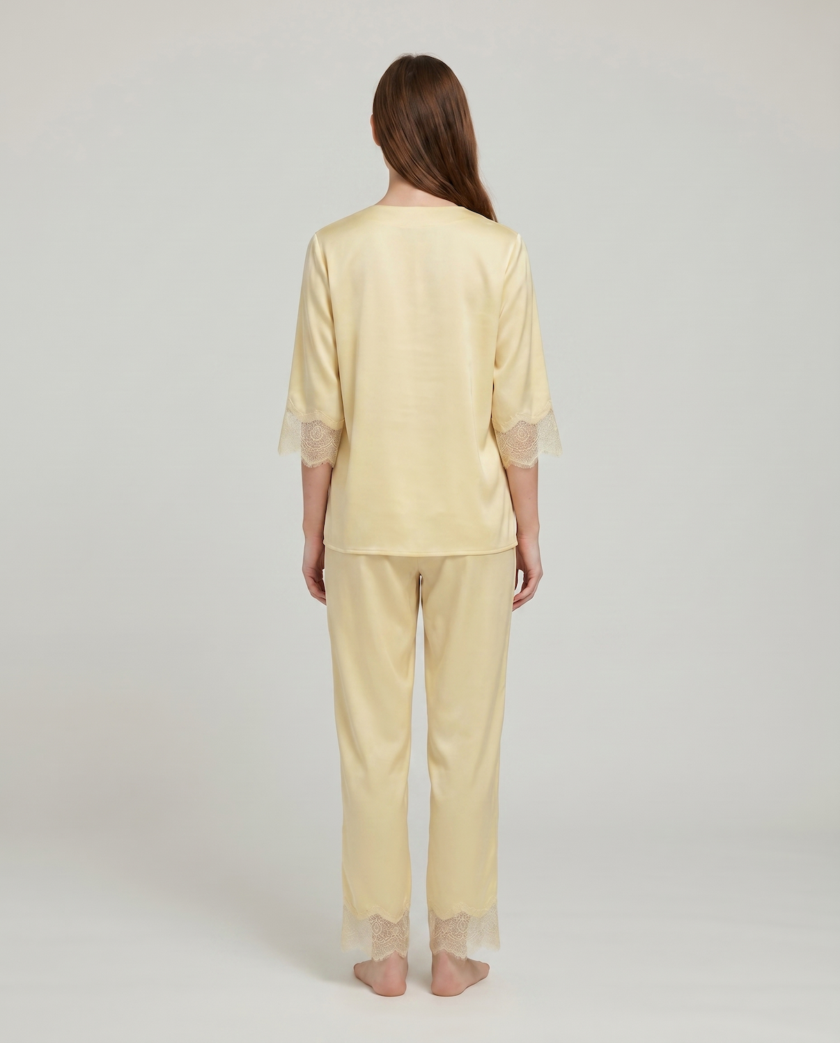 Women’s 100% Mulberry Silk Pajama Set – Lace Trim Long Sleeve with Belt