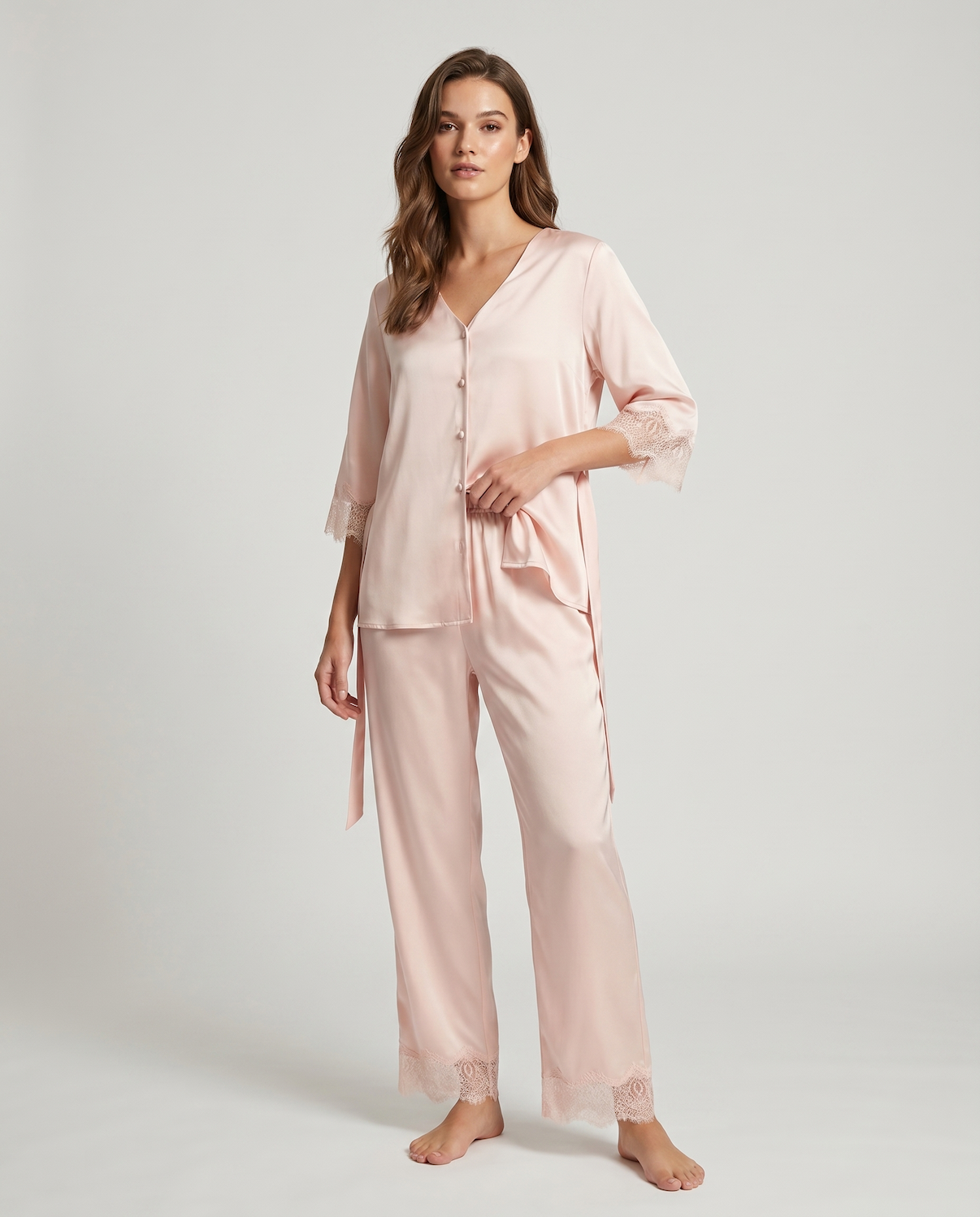 Women’s 100% Mulberry Silk Pajama Set – Lace Trim Long Sleeve with Belt