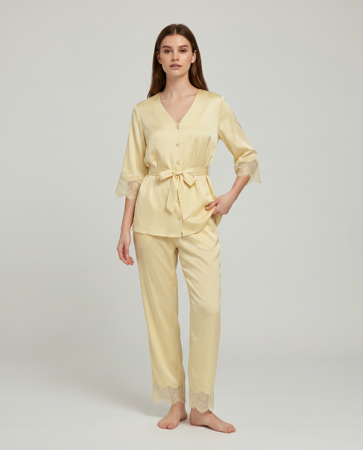 Women’s 100% Mulberry Silk Pajama Set – Lace Trim Long Sleeve with Belt