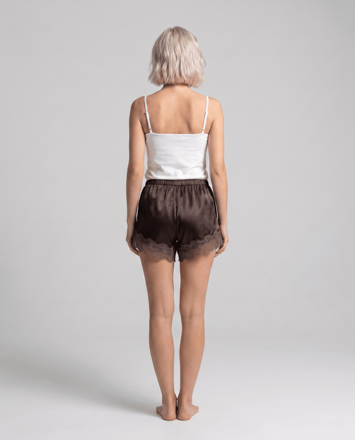 Women’s Satin Lounge Shorts – Elastic Waist with Lace Trim and Solid Color Design