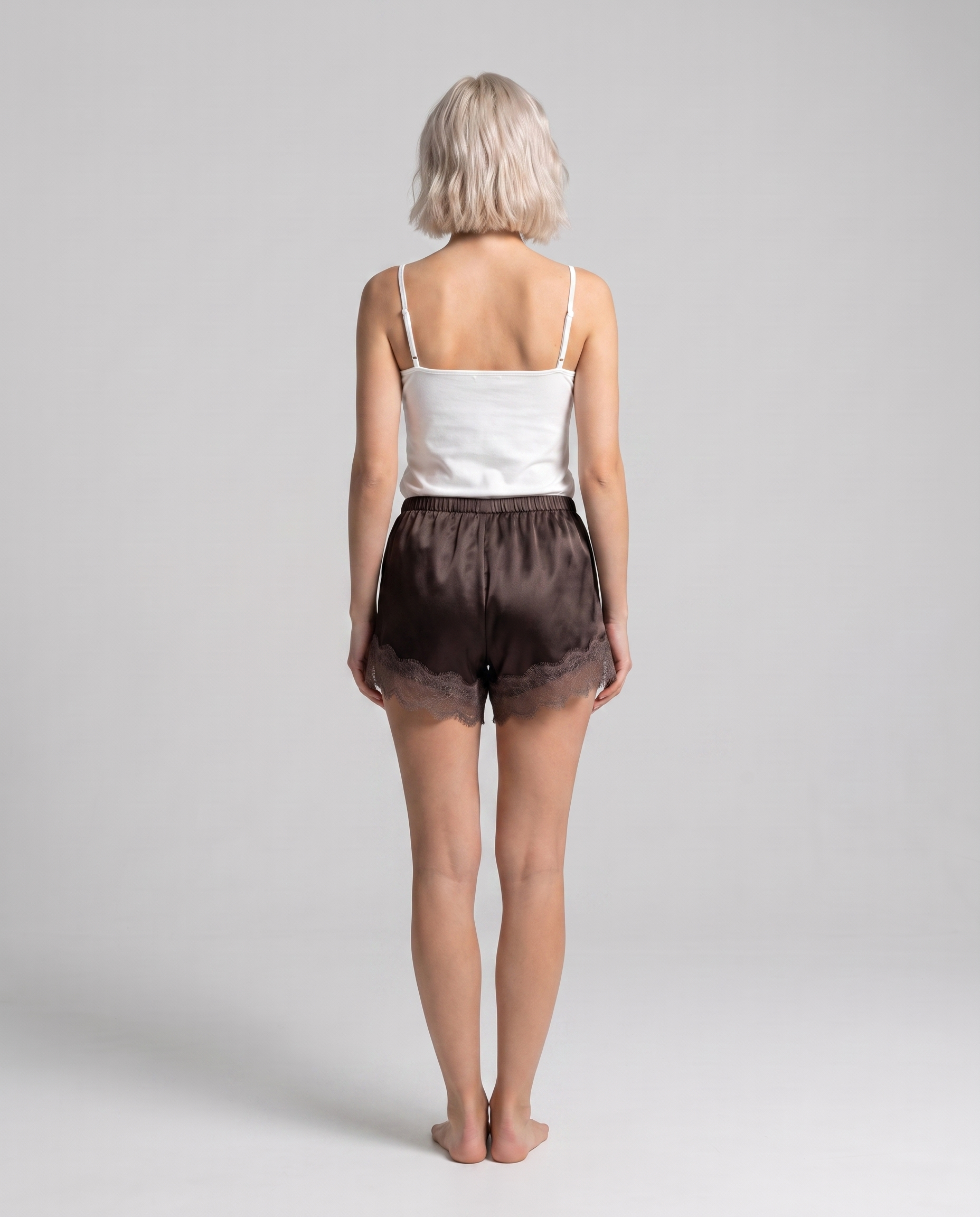 Women’s Satin Lounge Shorts – Elastic Waist with Lace Trim and Solid Color Design