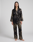 Women’s Satin Pajama Set – Long Sleeve Robe, Full-Length Pants & Premium Print