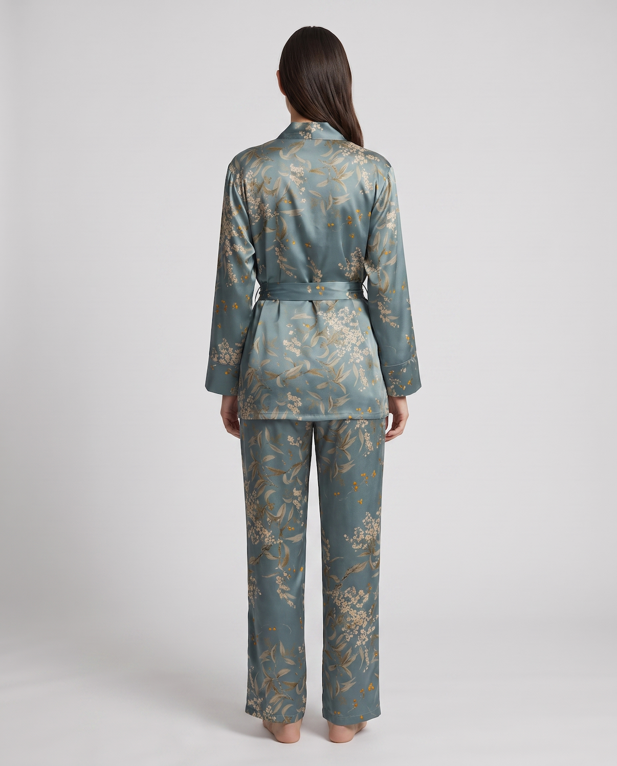 Women’s Satin Pajama Set – Long Sleeve Robe, Full-Length Pants &amp; Premium Print