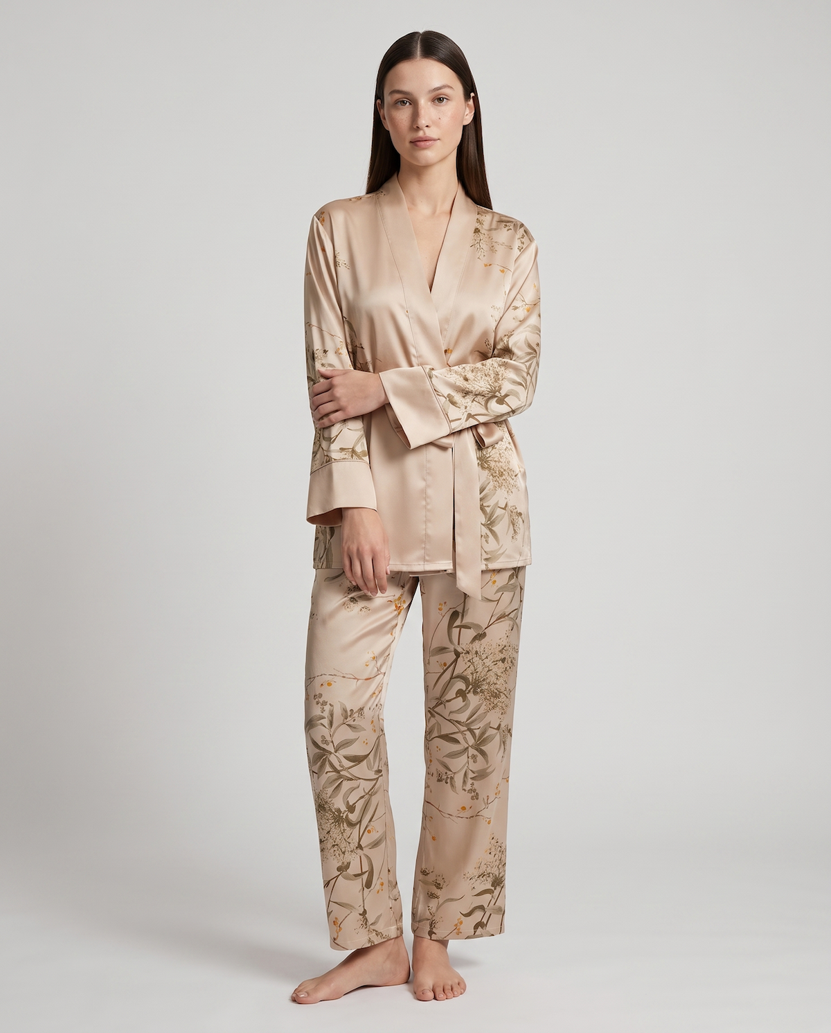 Women’s Satin Pajama Set – Long Sleeve Robe, Full-Length Pants & Premium Print