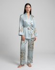 Women’s Satin Pajama Set – Long Sleeve Robe, Full-Length Pants & Premium Print