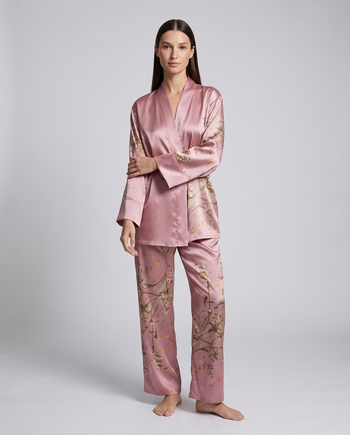 Women’s Satin Pajama Set – Long Sleeve Robe, Full-Length Pants & Premium Print