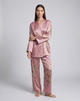 Women’s Satin Pajama Set – Long Sleeve Robe, Full-Length Pants & Premium Print