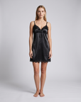 Women's Satin Slip Dress – Lace Trim with Bow V-Neck and Adjustable Straps