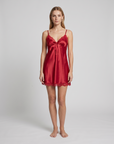 Women's Satin Slip Dress – Lace Trim with Bow V-Neck and Adjustable Straps