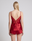 Women’s Silk Cami Pajama Set – Sleeveless Lace Trim Top with Front-Tie Bow and Matching Shorts
