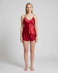 Women’s Silk Cami Pajama Set – Sleeveless Lace Trim Top with Front-Tie Bow and Matching Shorts