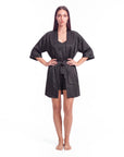 4pcs Elegant Silk Pajama Set for Women - Robe, Bralette, Shorts & Pants