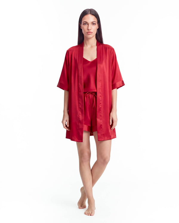 4pcs Elegant Silk Pajama Set for Women - Robe, Bralette, Shorts & Pants