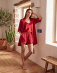 4pcs Elegant Silk Pajama Set for Women - Robe, Bralette, Shorts & Pants