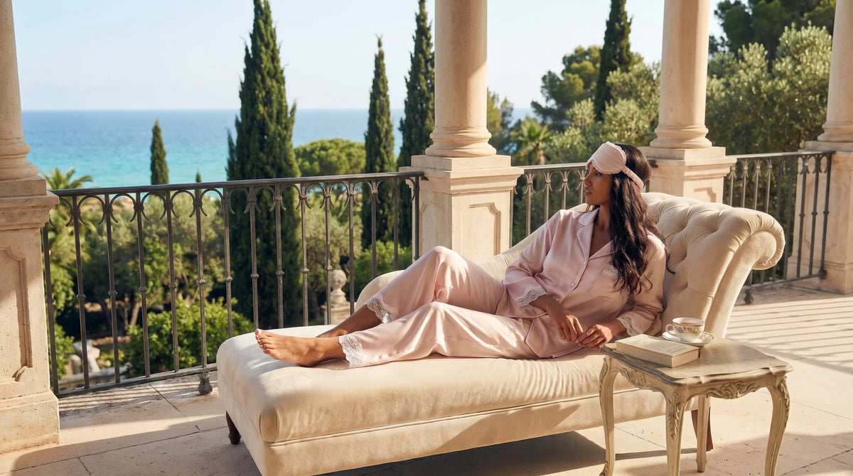 A woman relaxes on a cream chaise lounge on a sunlit terrace with a view of the blue sea and trees. She is wearing a light pink pajama set and a matching sleep mask.