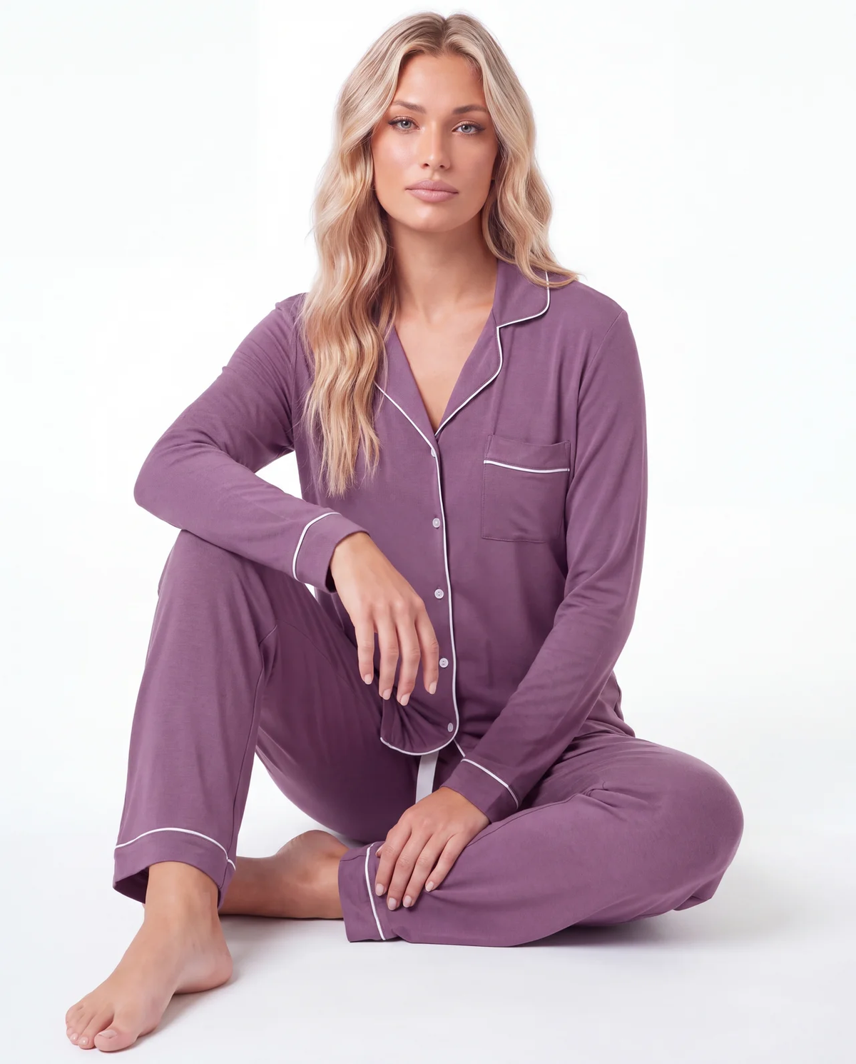 Women’s Bamboo Pajama Set – Long Sleeve Button Down Top with Full Length Pants