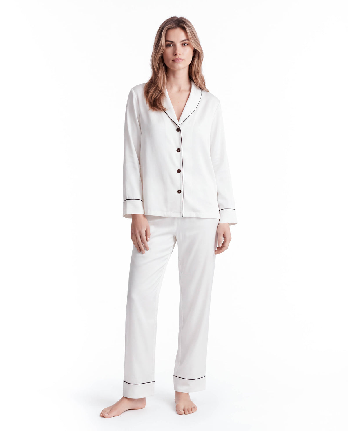 Silk Pajama Set – Long Sleeve Peter Pan Collar Top &amp; Relaxed Pants