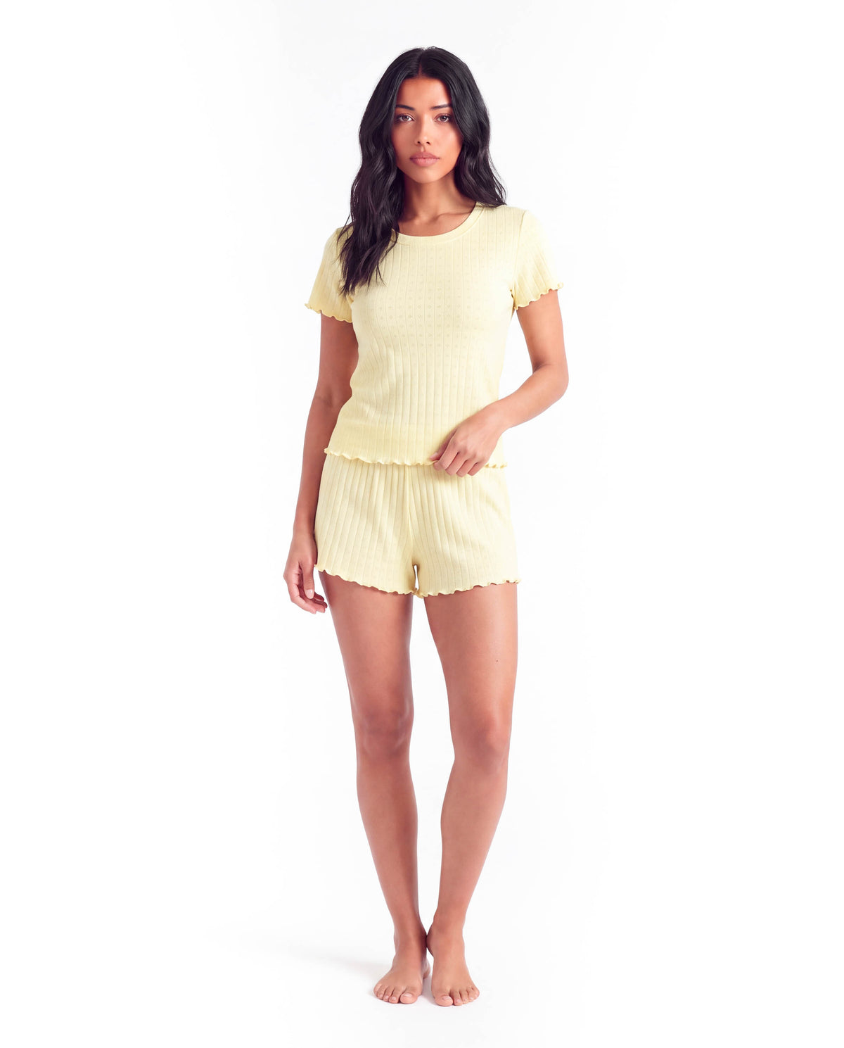 Women’s Short Sleeve Pajama Set – Jacquard Lace Trim Top with Matching Shorts