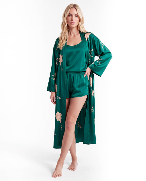 Emerald Green Floral Silk Kimono Robe – Elegant Long Sleeve Robe for Women