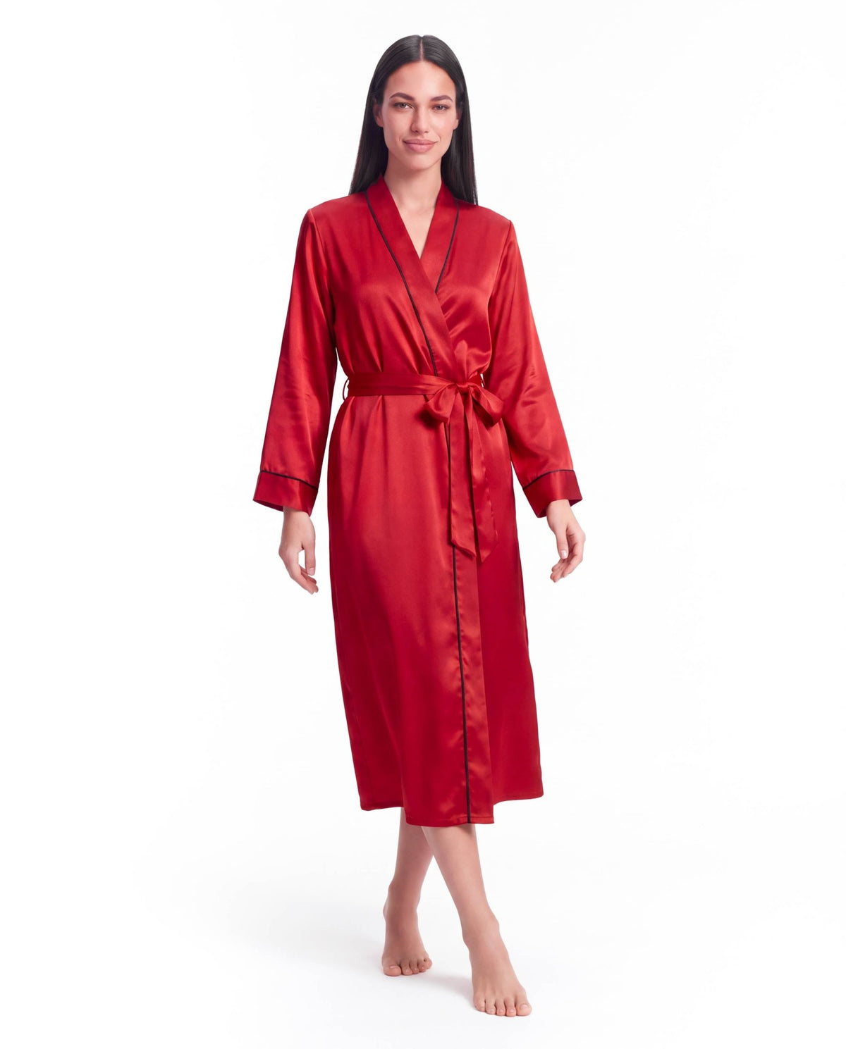 Long Sleeve V-Neck Belted Silk Robe for Women