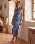 Elegant Sleeveless Silk Satin Midi Dress for Women – Chic Summer Fashion in Solid Color