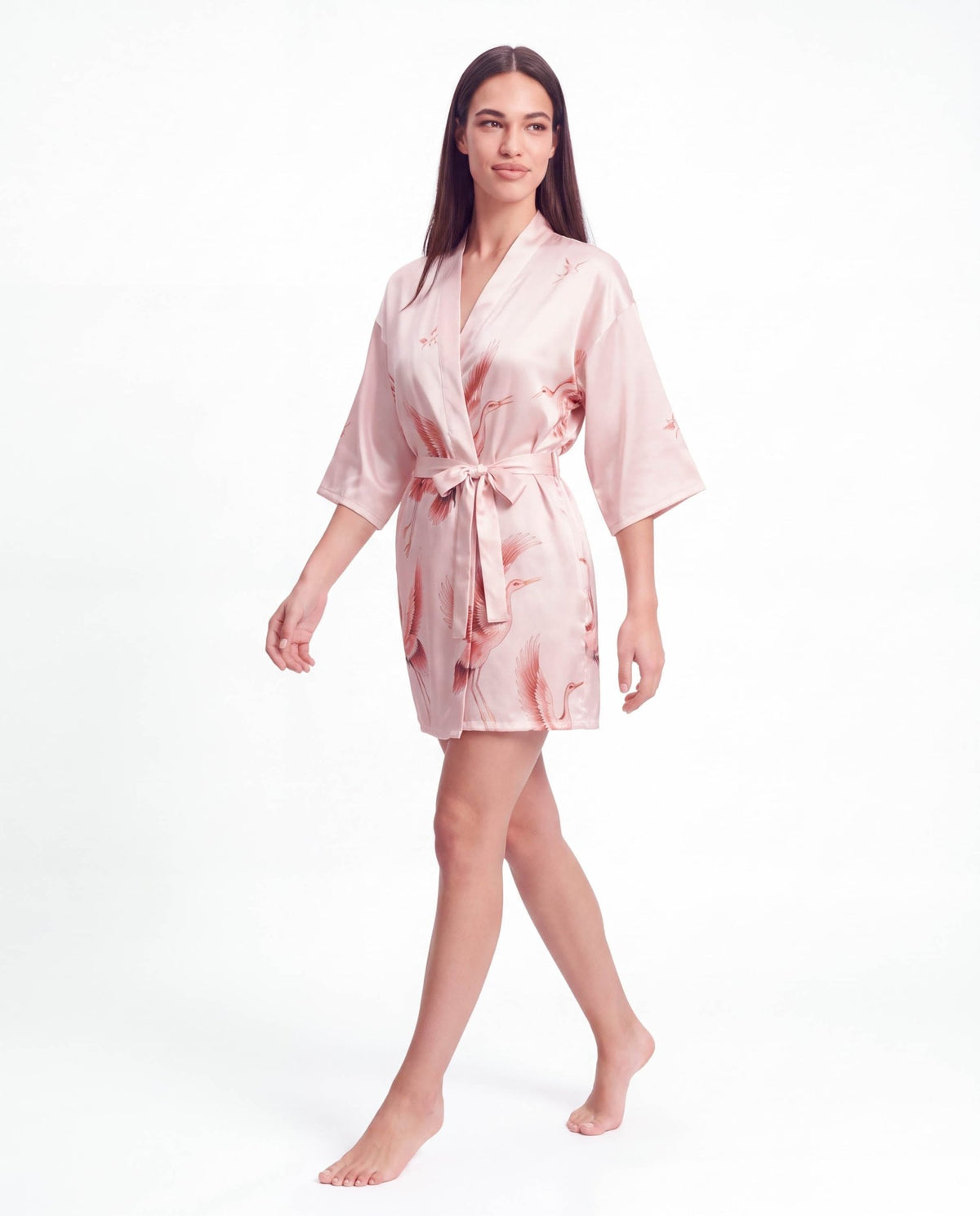 Women’s Crane Print Kimono Robe – Lightweight Short Sleeve Dressing Gown