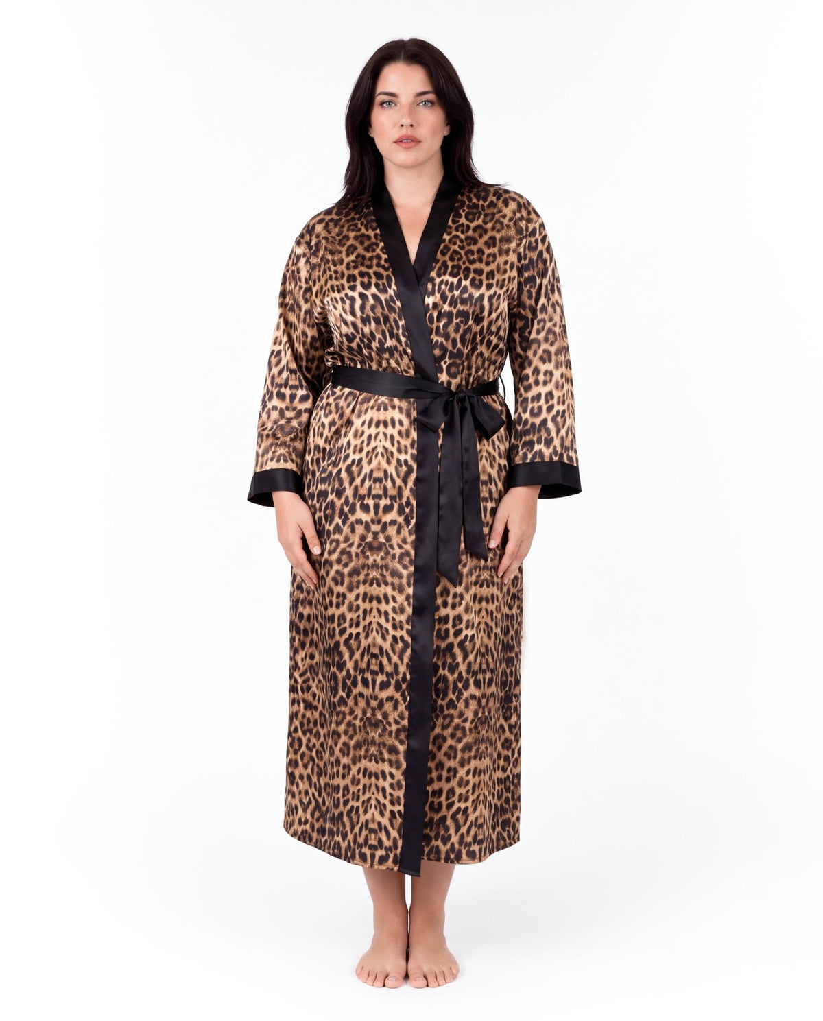 Luxurious Satin Kimono Robe with Contrast Trim – Long Sleeve, Belted, Machine Washable